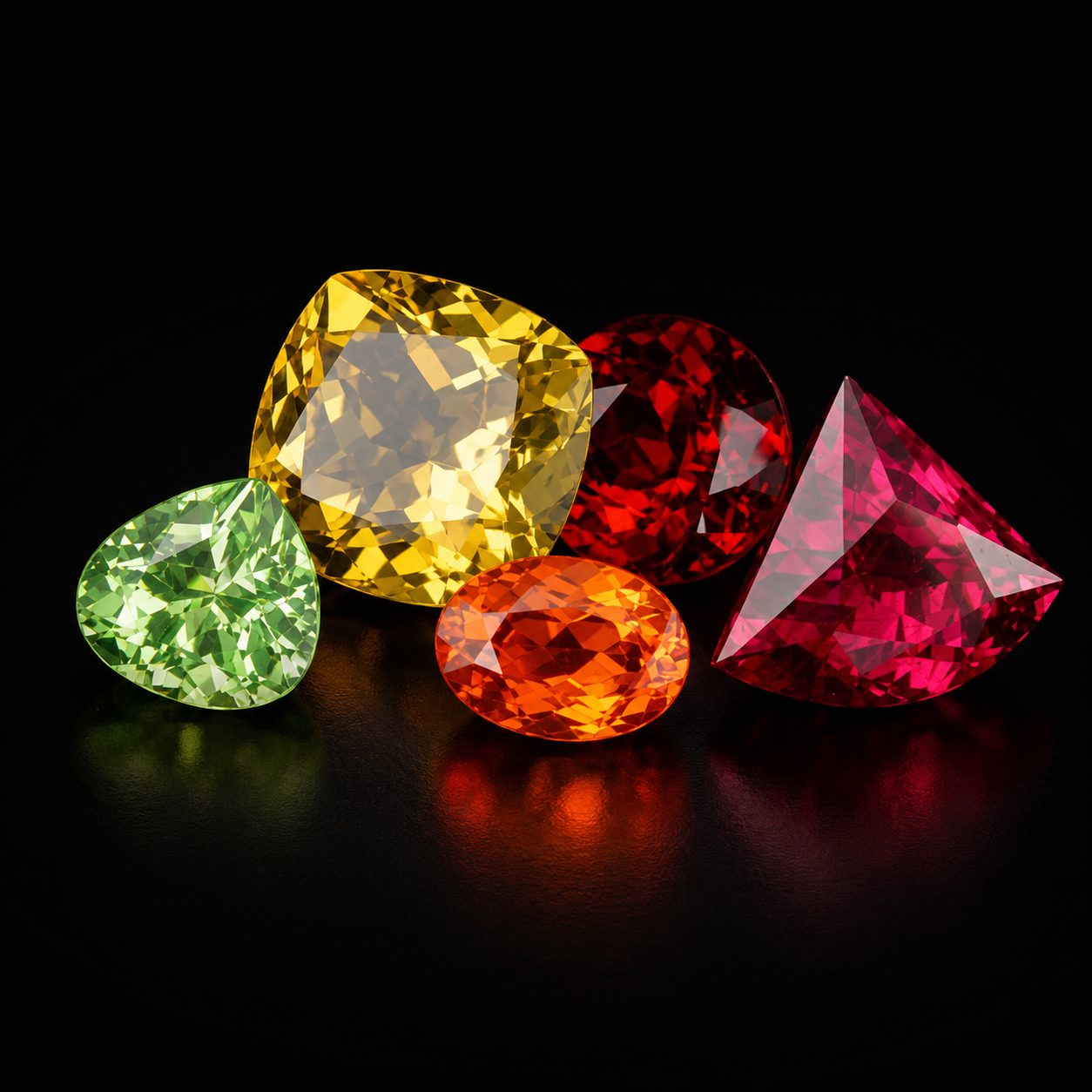 Colorful precious gemstones — green, yellow, orange and red on black background