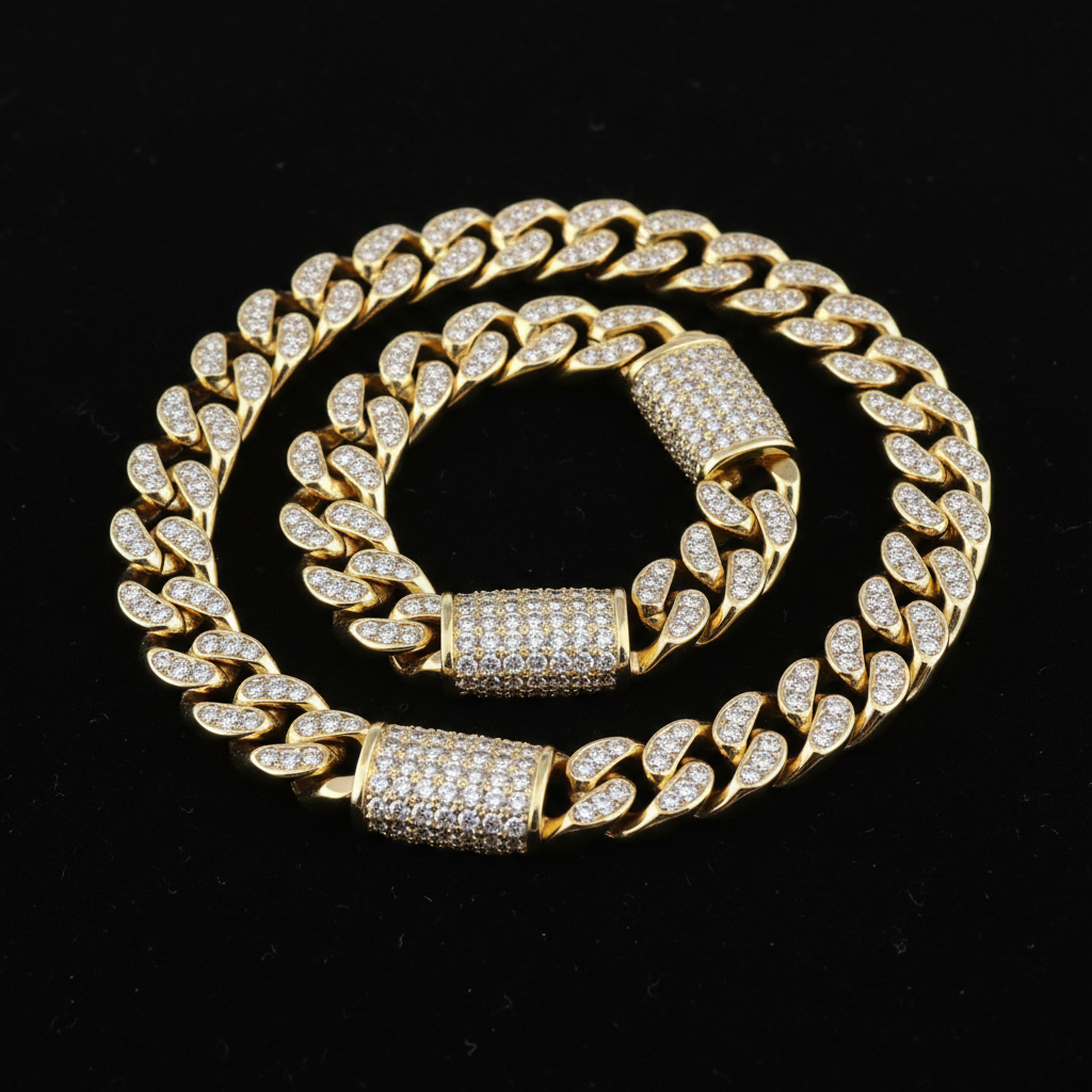 Men's yellow gold Cuban link chain with diamond accents