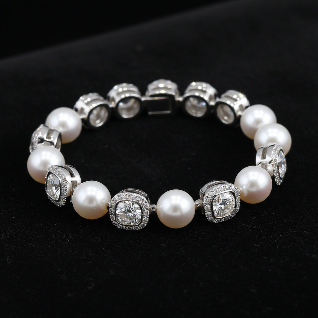 Pearl and diamond tennis bracelet white gold
